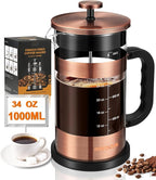 French Press Coffee Maker - 34 Ounce Classice Stainless Steel Coffee Press with 4-Level Filtration System, Heat Resistant Thickness Borosilicate Glass French Press Coffee Pot for Camping Travel Gift