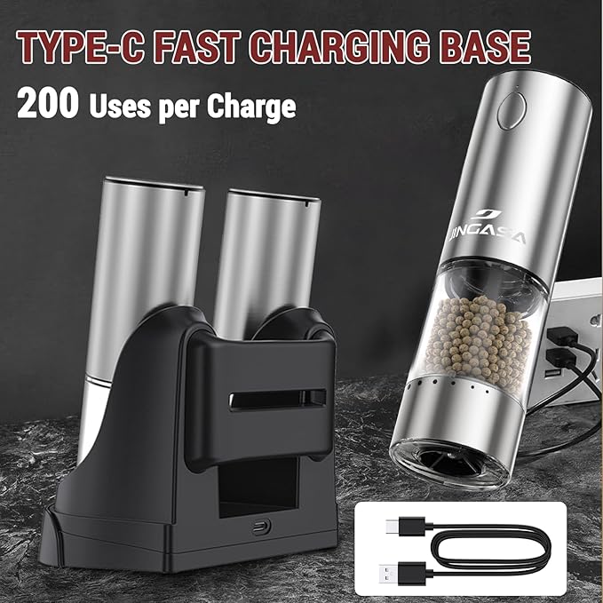 [Upgraded Larger Capacity] Electric Salt and Pepper Grinder Set with USB Charging Base, 95ml Large Capacity, Adjustable Coarseness,Stainless Steel Automatic Pepper Mill (Upgraded Adjustment-B)