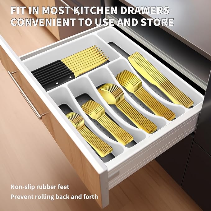 53PCS Gold Silverware Set for 8 with Cutlery Drawer Organizer, Stainless Steel Flatware Set with Steak Knives, Include Spoons and Forks Set & Serving Utensils, Mirror Polished