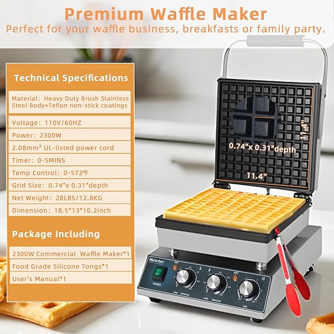 Hehinton® Commercial Belgian Waffle Maker, 110V 2300W Electric Waffle Maker Dual Temperature Control,11.4"x11.4" Cooking Area, Waffle Iron with Nonstick Plates for Food Trucks, Cafes & Home Use