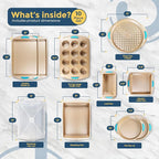 Perlli Baking Kit: Nonstick Gold Steel Oven Set - 10 Pieces, Cookie Sheets, Cake Pans, 9x13Pan with Lid, Loaf & Deep Pans, Pizza Crisper, Muffin Pan - Silicone Handles