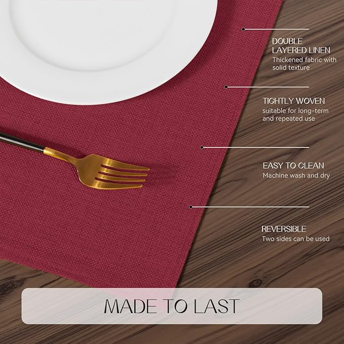Romanstile Cloth Placemats Set of 6-12 x 18 Inch, Heat Resistant Double Layered Thickened Burlap Christmas Place Mats, Washable Faux Linen Farmhouse Table Mats for Kitchen/Dining/Party/Outdoor, Red