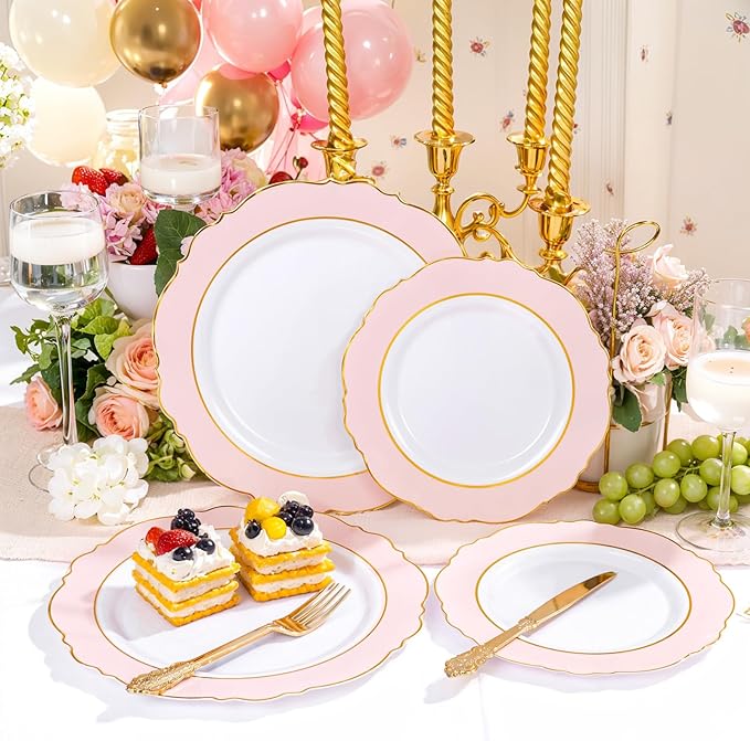 WDF 60pcs Pink Plastic Plates - 10.25inch Baroque Pink And Gold Disposable Dinner Plates for Upscale Parties -Special for Wedding, Party,Birthdays, Baby Shower