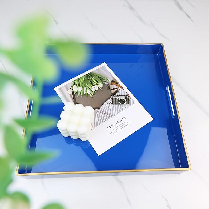 Spsyrine Blue Decorative Tray for Living Room, Square Modern Plastic Coffee Serving Table Tray for Ottoman Bathroom Kitchen,13"*13"