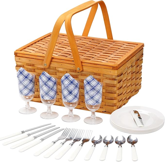 Picnic Basket Set for 4 Persons, Woven Woodchip Basket with Folding Handles & Lid, Blue and White Gingham Lining Basket Set with Utensils Cutlery - Perfect for Picnic, Camping, Valentine Day, Outdoor