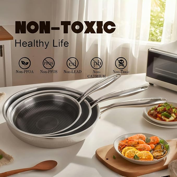 Hybrid 8 10 12 inch Stainless Steel Non Stick Skillet set,Frying Pans Nonstick, PFOA Free Cookware, Dishwasher and Oven Safe, Induction Compatible