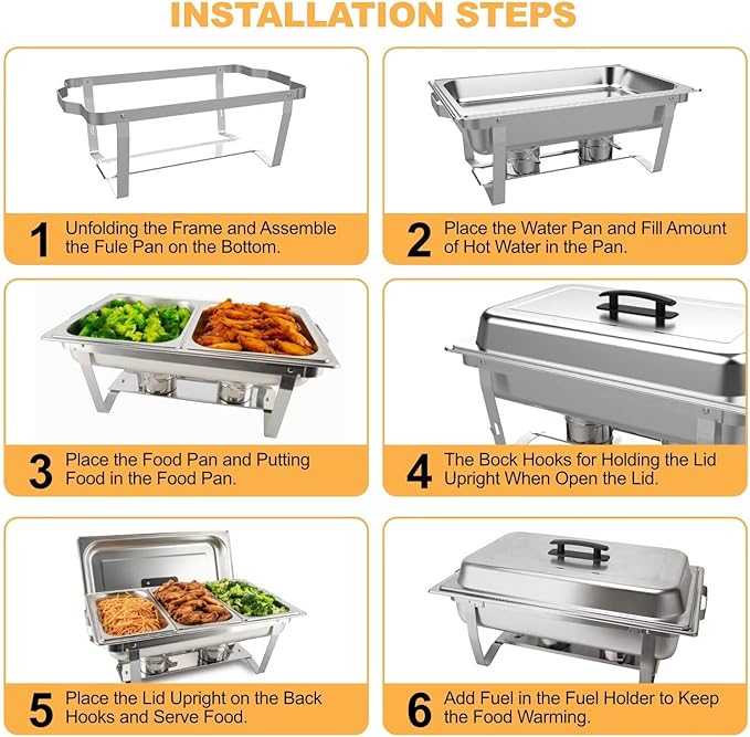 4 Pack Chafing Dish Buffet Set Stainless Steel 5 QT Round&8 QT Rectangular Chafers Food Warmers with Full,1/3 Rectangular&Round Food Pan,Fuel Holder,Foldable Frame For Catering Events