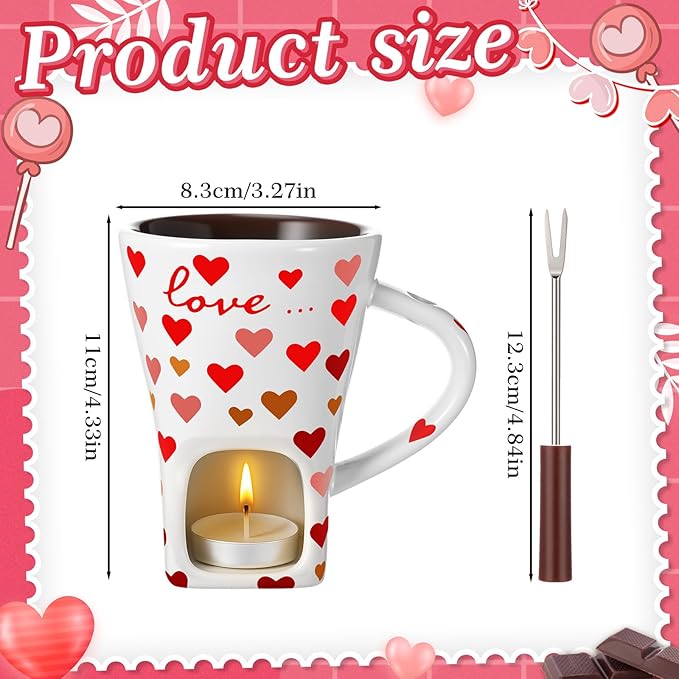 Honeydak Christmas Chocolate Fondue Mug with Fork and 3 Candle Sweet Ceramic Personal Chocolate Melting Cup Ideal Xmas Gifts Birthday Date Night Birthday Wedding Gifts (White,Heart)