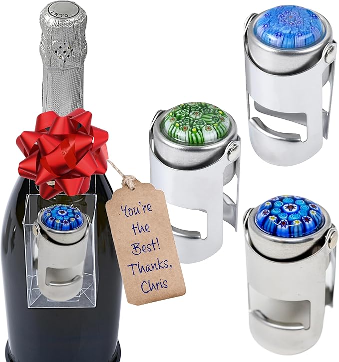 Millefiori Glass Champagne Stopper – With an Airtight Seal Protects Sparkling Wine, Prosecco, and Cava CO2 & Taste – Hanging Box for Champagne Gifts by Evan James Designs (Blue & Red)