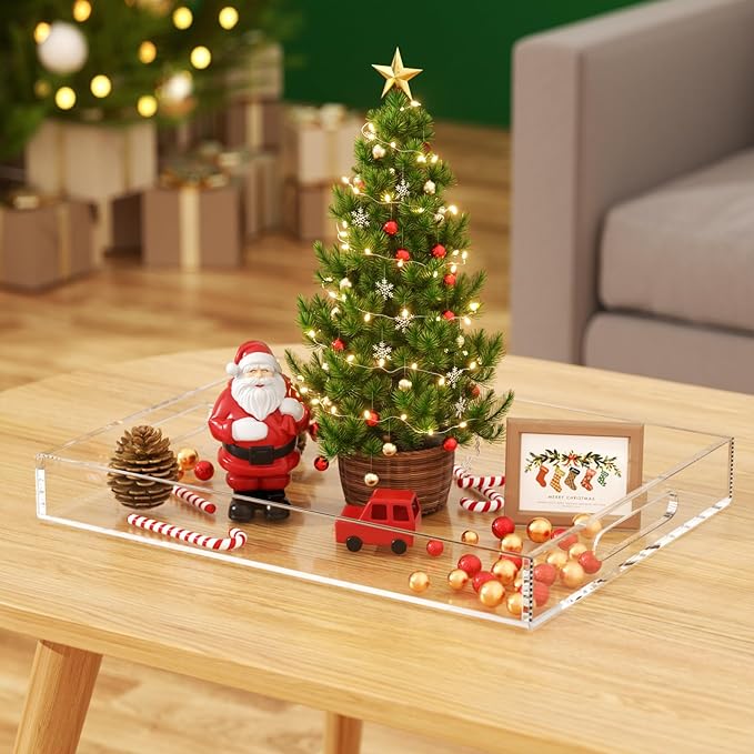 NIUBEE Clear Serving Tray 12x16 Inches -Spill Proof- Acrylic Decorative Tray Organiser for Ottoman Coffee Table Countertop with Handles