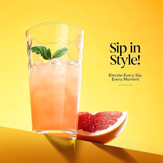 Home Essentials & Beyond Drinking Glasses Set of 4 Highball Glass Cups Bar Glasses, Uses for Juice, Water, Cocktails, Beverages, and Iced Tea. Dishwasher Safe