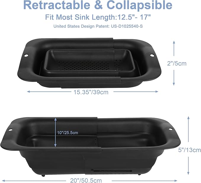 ROTTOGOON 7Qt Collapsible Colander Strainer, Expandable Over the Sink Colander, Adjustable Silicone Kitchen Sink Strainer, Foldable Large Colanders Basket to Wash Vegetable, Fruit, 15" to 19", Black