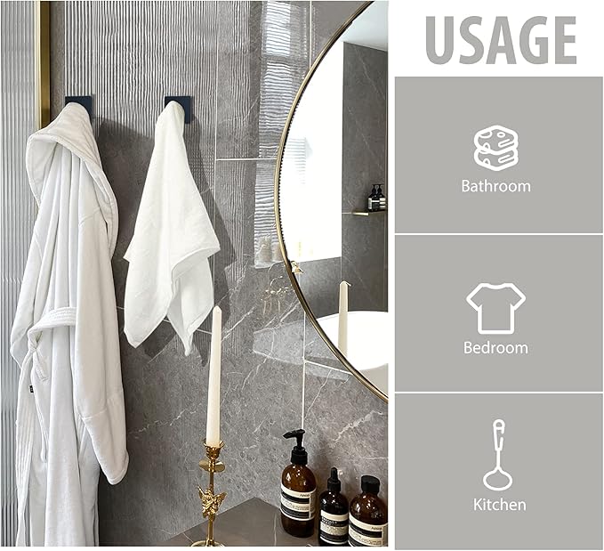 VIS'V Adhesive Towel Hooks, Waterproof Shower Wall Stick on Hooks, 2 Extra Adhesive Strips, Black, 4 Pcs