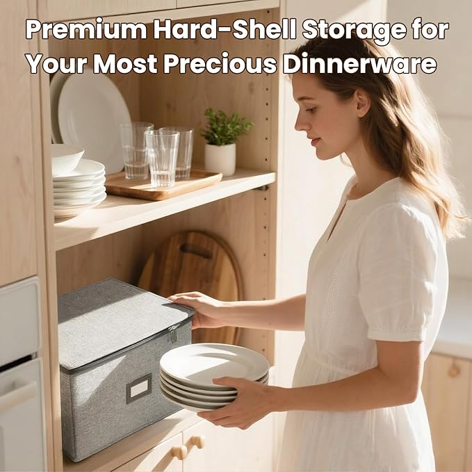 HOMELUX THEORY Platter Storage, Light Gray Hard Shell China Storage Containers With 5 FeltPads, Kitchen Storage Bins With Lids, Heavy Duty Moving Box for Packing Dishes, Dinner Plate,& Dinnerware