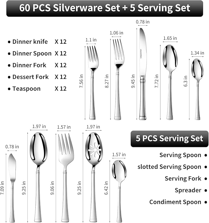 Silverware Set Service for 12, 18/10 Stainless Steel, 65 Piece Set, Flatware Cutlery Set with Serving Utensils, Mirror Polished