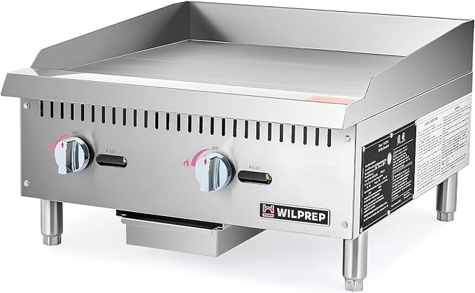 WILPREP Commercial Gas Griddle, 24 in. Gas Countertop Griddle with 2 30000 BTU U-Shaped Burners, NG LPG Compatible Flat Top Grill Hot Plate with Independent Knob Controls for Home Commercial Kitchen