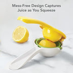 Tovolo Citrus Press with Pour Spout, White & Yellow – Manual Juicer for Lemons, Limes, Tangerines, Ergonomic Handle, BPA-Free, Dishwasher Safe