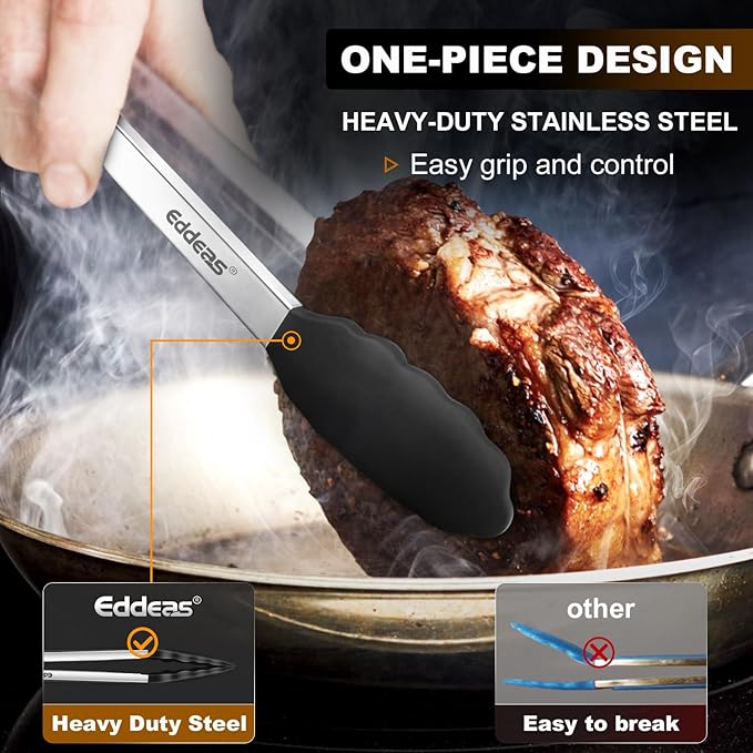 Kitchen Tongs with Silicone Tips, Heat Resistant 600 Degrees All Metal handle Locking Tongs For Cooking with Rubber Tips, Heavy Duty Stainless steel Food Tongs, Set of 3-7" 9" & 12" Black