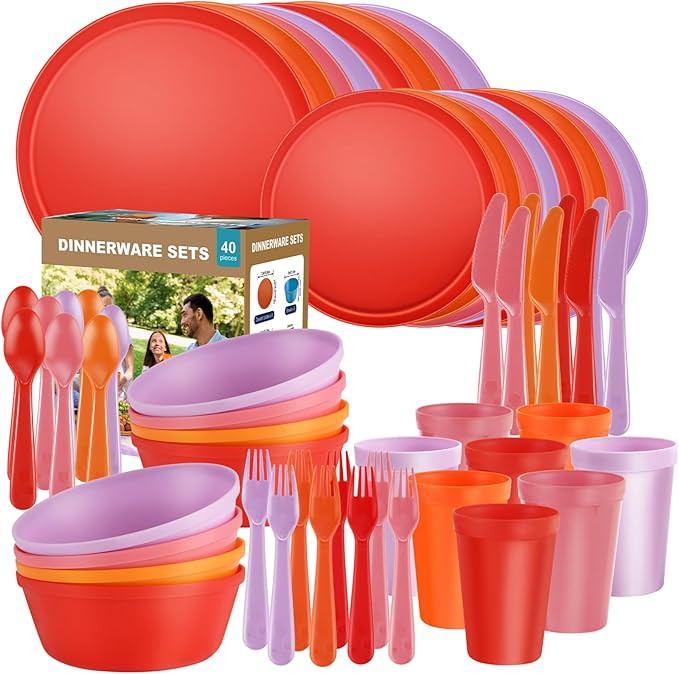 Boho Plastic Dinnerware Sets – 40-Piece Sunset Style Plates and Bowls Sets for 8, Reusable Unbreakable Dishes with Cups, Forks, Knives and Spoons, for Camping, Picnic or Everyday Use