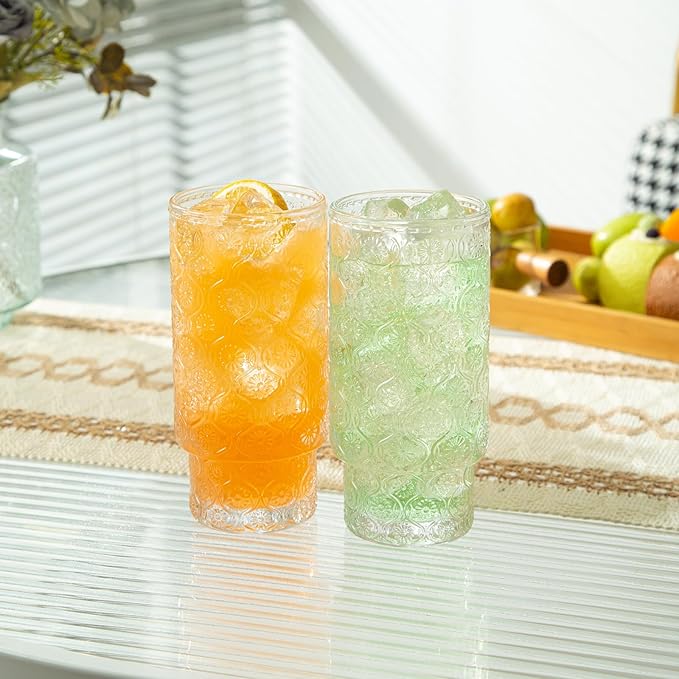 Drinking Glasses Set of 4, 16oz Textured Flower Design Cocktail Glasses, Stackable Old Fashioned Glass Cups, Vintage Glassware for a baby Shower Wedding for Kitchen and Bar - Dishwasher Clear