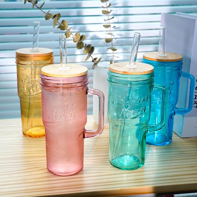 ANOTION Colored Glass Cups with Handle Set of 4, 24oz Glass Cups with Lids and Straws Travel Coffee Mug Bamboo Mason Jar Iced Cup Smoothie Tea Clear Cute Water Drinking Jars Glasses