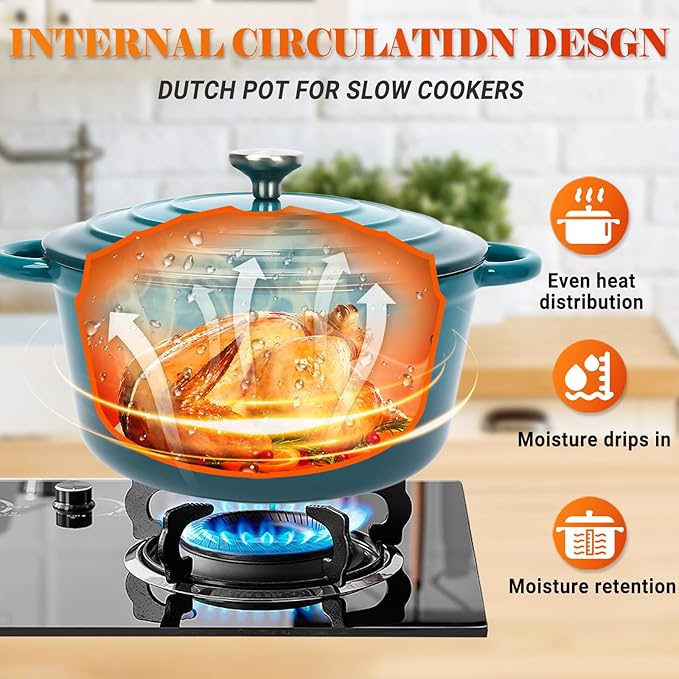 Ceramic Coated Cast Iron Cookware Set, 7-Piece Enameled Dutch Oven and Skillet Set with Lids, Nonstick Pots and Pans Set for Bread Baking, Oven Safe, Induction Compatible, PFAS-Free (Light Cyan)