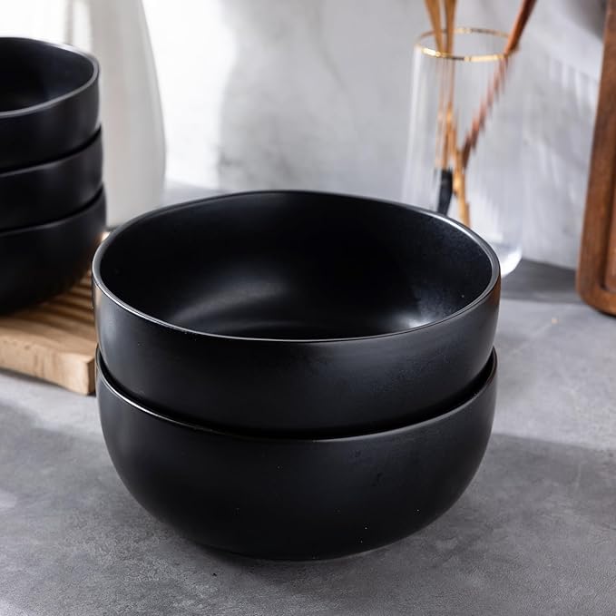 AmorArc Stoneware Cereal Bowls for Kitchen, 28oz Large Ceramic Soup Bowls Set of 4 for Meal, Oven, Microwave&Dishwasher safe Kitchen Bowls with Wavy Rim, Matte Black