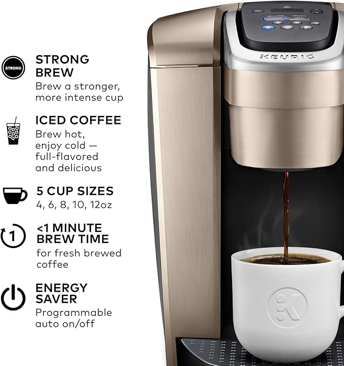 Keurig K-Elite Single Serve K-Cup Pod Coffee Maker, with Strength and Temperature Control, Iced Coffee Capability, 8 to 12oz Brew Size, Programmable, Brushed Gold