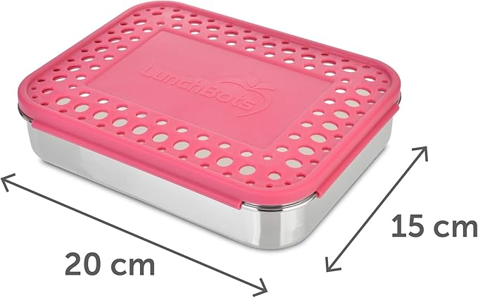 LunchBots Large Cinco Stainless Steel Lunch Container - Five Section Design Holds a Variety of Foods - Metal Bento Box - Dishwasher Safe - Stainless Lid -Pink Dots