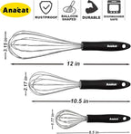 3 Packs Stainless Steel Whisk Set - Balloon Whisk, Anaeat Thick Stainless Steel Wire ＆ Strong Handles, Egg Beater for Cooking, Blending, Whisking, Beating and Stirring (8.5"+10.5"+12")