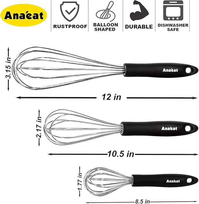 3 Packs Stainless Steel Whisk Set - Balloon Whisk, Anaeat Thick Stainless Steel Wire ＆ Strong Handles, Egg Beater for Cooking, Blending, Whisking, Beating and Stirring (8.5"+10.5"+12")