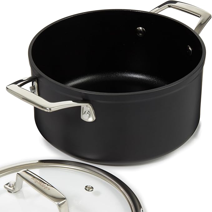 BergHOFF Essentials 5Pc Non-stick Hard Anodized Cookware Starter Set, Glass lid, FernoGreen Non-toxic Nonstick Coating, Stainless Steel Handle, Induction Pots and Pans, Black