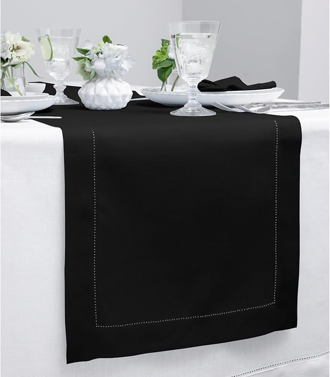 Solino Home Linen Black Table Runner 72 Inches Long - 100% Pure Linen Hemstitch Table Runner 14 x 72 Inch for Dresser, Dining, Summer, Fall, Autumn, Halloween - Classic Hemstitch
