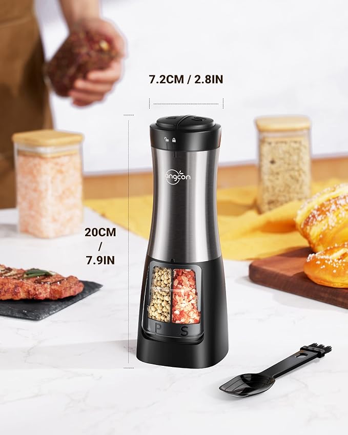 Sangcon Electric Salt and Pepper Grinder Set Shaker 2 IN 1 - Automatic Salt and Pepper Grinder Mill, Battery Powered One-Handed Operation Refillable with Light Dual Ceramic Grinder