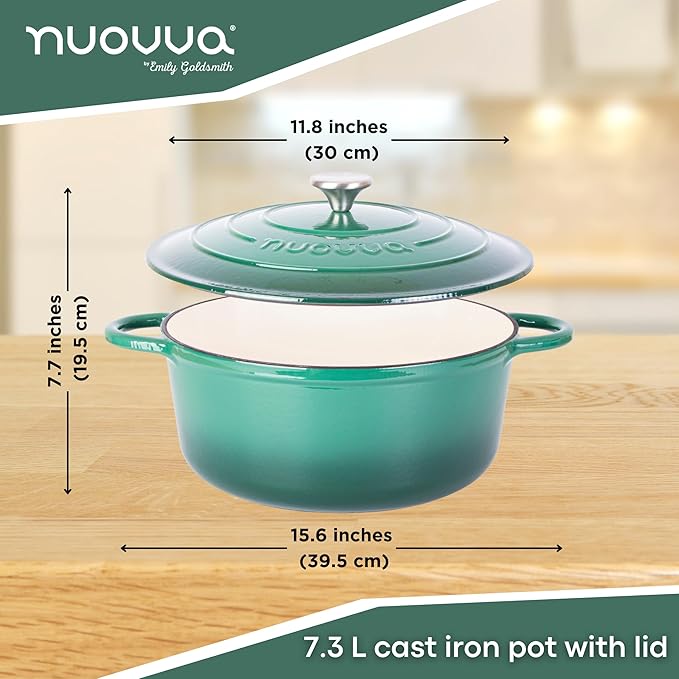 Cast Iron Dutch Oven with Lid – Non-Stick Ovenproof Enamelled Casserole Pot – Sturdy Dutch Oven Cookware – Dark Green, 7.3-Quart, 30cm – by Nuovva
