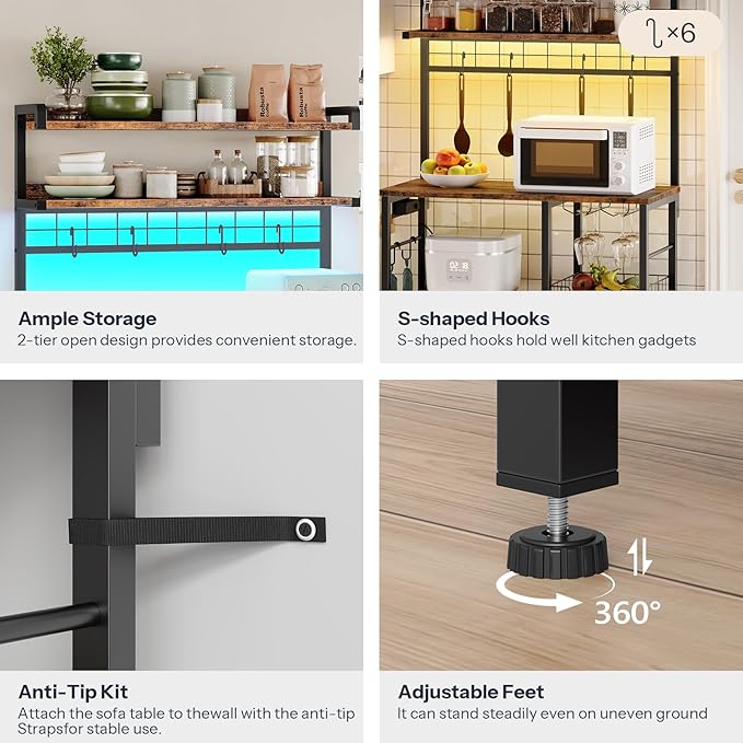 HOOBRO Bakers Rack with Power Outlet, 5 Tiers Coffee Bar with LED Light, Microwave Stand with Wire Basket & Wine Holders, Kitchen Storage Shelf with 6 S-Shaped Hooks, Rustic Brown and Black BF21UDHB01