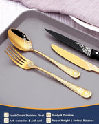 EUIRIO 48-Piece Gold Silverware Set with Steak Knives, Gold Flatware Set for 8, Stainless Steel Cutlery, Knives, Forks and Spoons, Unique Pattern Design, Mirror Polish, Dishwasher Safe