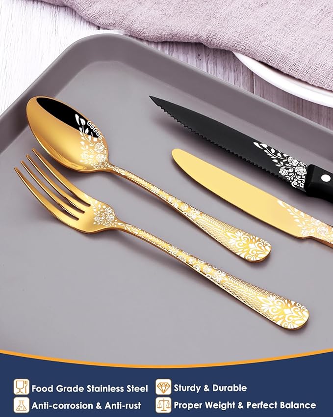 EUIRIO 48-Piece Gold Silverware Set with Steak Knives, Gold Flatware Set for 8, Stainless Steel Cutlery, Knives, Forks and Spoons, Unique Pattern Design, Mirror Polish, Dishwasher Safe
