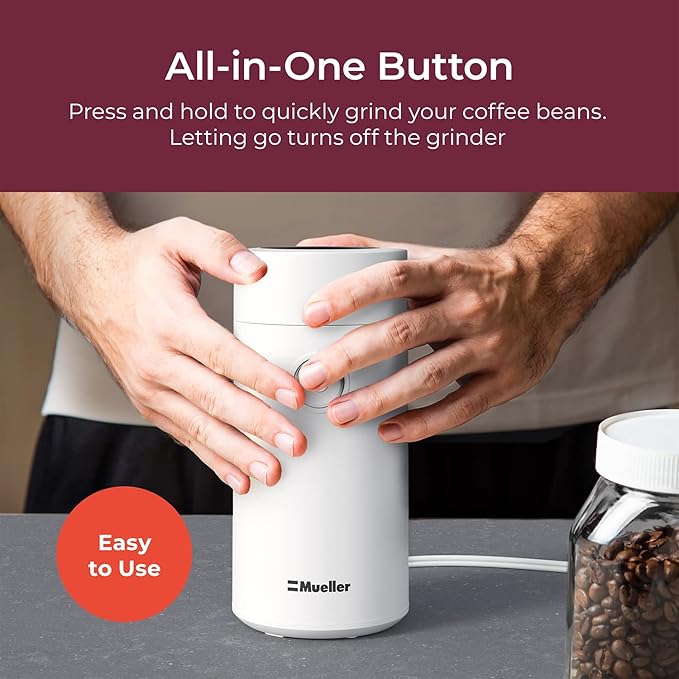 MuellerLiving Electric Coffee Grinder for Spice, Nut, Herbs and Coffee Beans, Sharp Blade, Stainless Steel - White