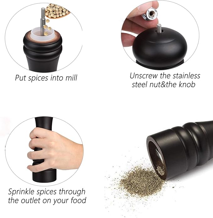 Pepper Mill Black 12 Inch Tall Large Pepper Grinder Mill Wood Refillable Stainless Steel Metal Mechanism Adjustable Coarseness