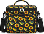 FlowFly Insulated Reusable Lunch Bag Adult Large Lunch Box for Women and Men with Adjustable Shoulder Strap,Front Zipper Pocket and Dual Large Mesh Side Pockets,Sunflower