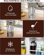 Cold Brew Coffee Maker 64oz, Iced Coffee Maker with 304 Stainless Steel Filter, Mason Jar Pitcher with Lid and Spout (Black)