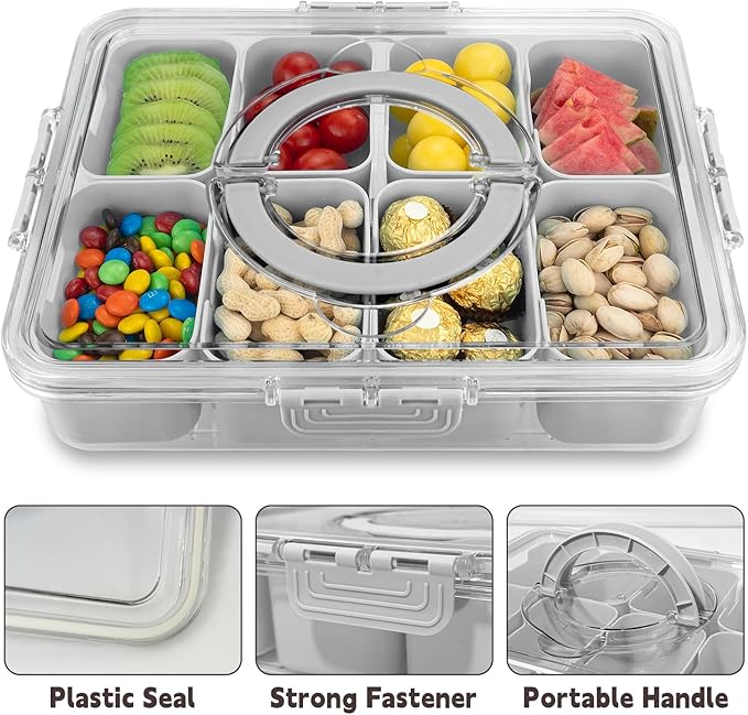 Divided Serving Tray with Lid and Handle,8 Compartments Snacks Box,Snack Fruit and Veggie Tray,Portable Platter for Candy Fruits Nuts Snack Party Entertaining Picnic (2 PCS Grey)