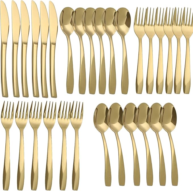 Gold 30 Piece Silverware Set,Stainless Steel Flatware Set for 6,18/0 Rust-Proof Cutlery Set with Forks & Spoons,Mirror Polished Dishwasher Safe - Heavy Duty Tableware for Home & Dining