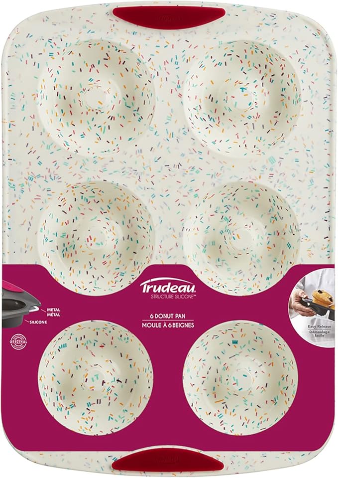 Trudeau Jumbo Donut Pan – Nonstick 6 Cavity Mold, White Confetti/Fuchsia – Silicone Baking Pan for Homemade Donuts, Muffins, Cakes, Bagels, Pastries & Baked Treats – Dishwasher & Oven Safe
