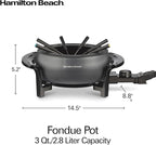 Hamilton Beach 12 Cup Electric Fondue Pot Set with Temperature Control, 6-Color Coded Forks, for Cheese, Chocolate, Hot Oil, Broth, 3 Quart PFAS-Free Nonstick Interior, Gray (86202)