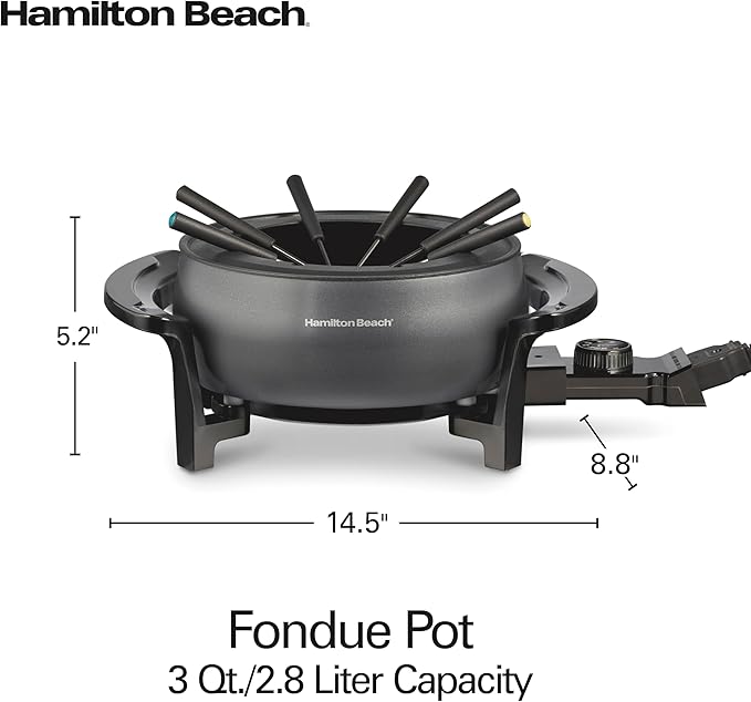 Hamilton Beach 12 Cup Electric Fondue Pot Set with Temperature Control, 6-Color Coded Forks, for Cheese, Chocolate, Hot Oil, Broth, 3 Quart PFAS-Free Nonstick Interior, Gray (86202)