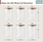 Urban Green Glass Jars with Airtight Lids, Airtight Canisters with Wood Lids, Glass Storage Containers with Bamboo Lid, Food Storage Containers Set (6 Pack of 27oz)