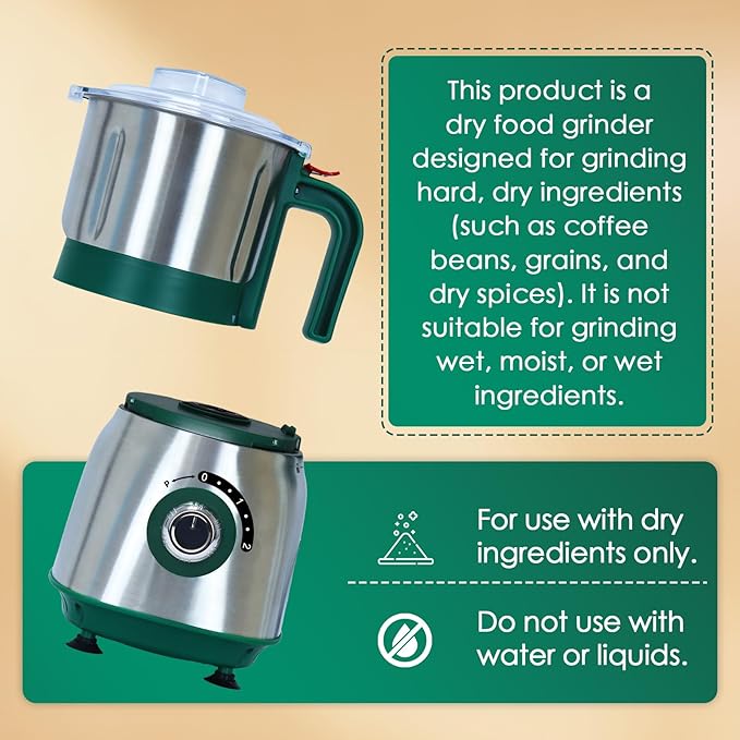 Electric Spice and Nut Grinders - 3 Stainless Steel Blades, 1 Filter, 1 Brush - 500W Grinder for Kitchen Dry Use (Green）