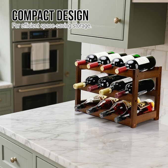 Bamboo Wine Rack, 3-Tier 12 Bottles Wine Storage Cabinet Shelf, Easy-Assembly Freestanding Bamboo Wine Racks Countertop for Kitchen Pantry Dining Room Bar, Walnut